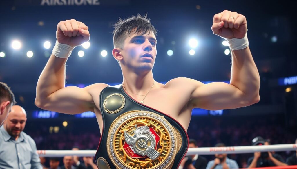 Don Diego Gromda holding championship belt after victory Don Diego Gromda holding championship belt after victory