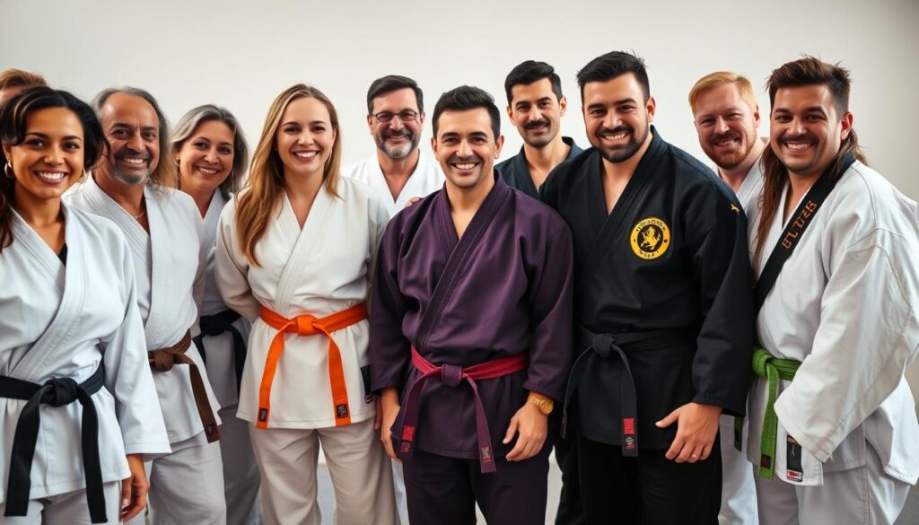 Grupa osób różnego wieku i płci po treningu sportów walki, uśmiechnięci i zadowoleni