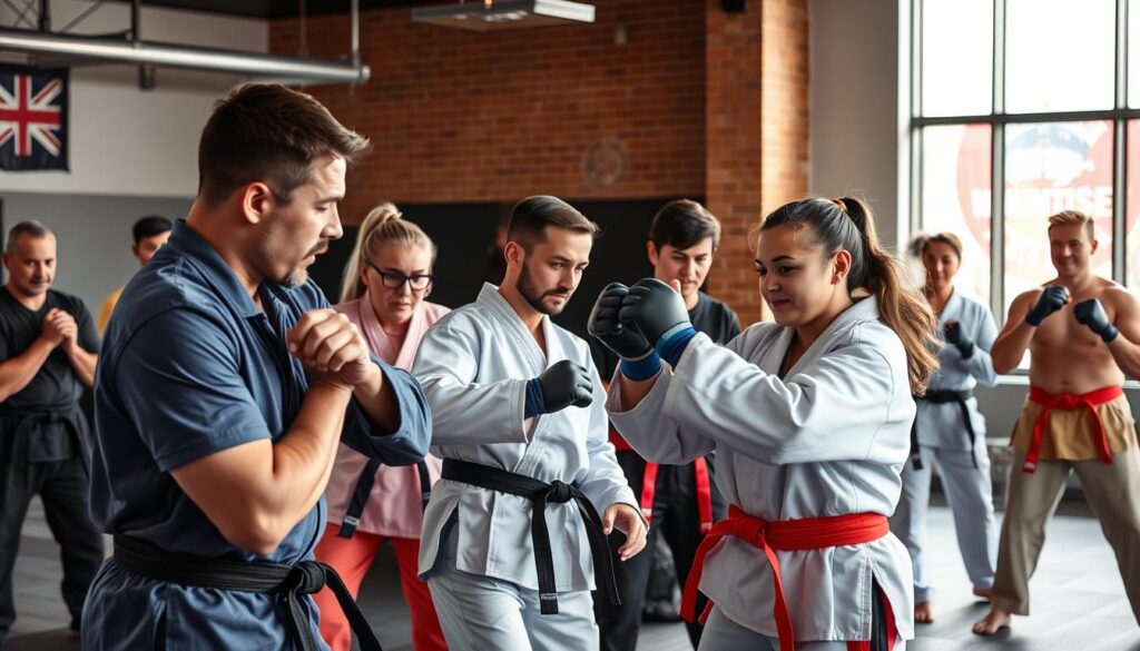 Grupa osób różnej płci i wieku trenująca sporty walki w profesjonalnym klubie