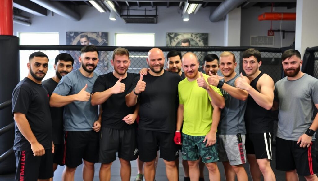 Grupa początkujących adeptów MMA po udanym treningu
