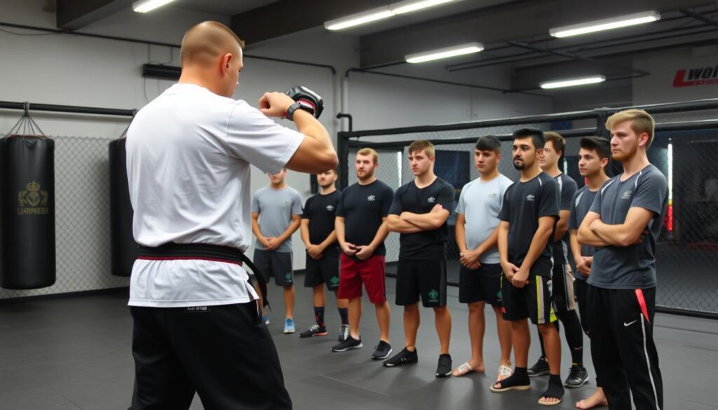Grupa początkujących podczas pierwszego treningu MMA pod okiem doświadczonego trenera