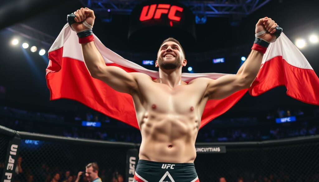 Krzysztof Jotko z polską flagą po zwycięskiej walce