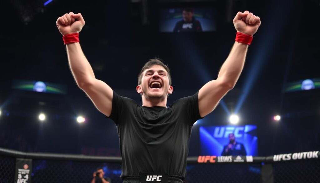 Michał Oleksiejczuk celebrujący zwycięstwo w UFC z podniesionymi rękami Michał Oleksiejczuk celebrujący zwycięstwo w UFC z podniesionymi rękami