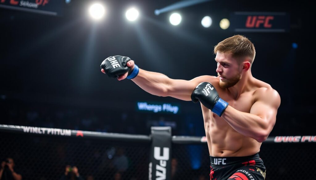 Michał Oleksiejczuk podczas walki w UFC, zadający potężny cios Michał Oleksiejczuk podczas walki w UFC, zadający potężny cios
