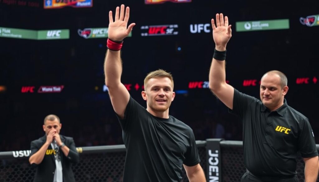 Michał Oleksiejczuk z podniesioną ręką po zwycięskiej walce w UFC Michał Oleksiejczuk z podniesioną ręką po zwycięskiej walce w UFC