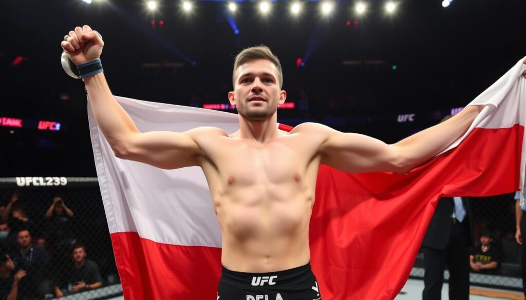 Michał Oleksiejczuk z polską flagą po walce w UFC Michał Oleksiejczuk z polską flagą po walce w UFC