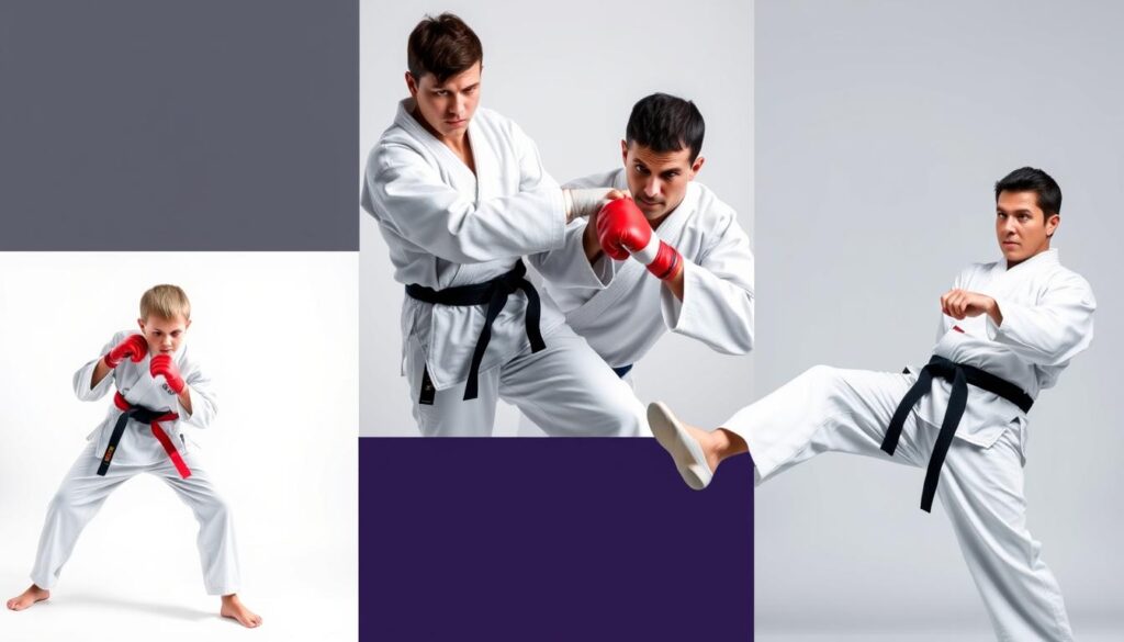 Różne sporty walki - kolaż pokazujący boks, MMA, judo, karate i taekwondo