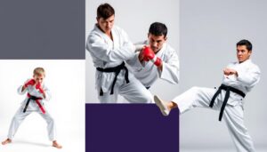 Różne sporty walki - kolaż pokazujący boks, MMA, judo, karate i taekwondo