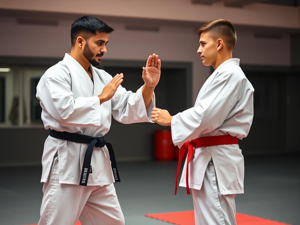 Trener sportów walki pokazujący podstawowe techniki nowemu uczniowi