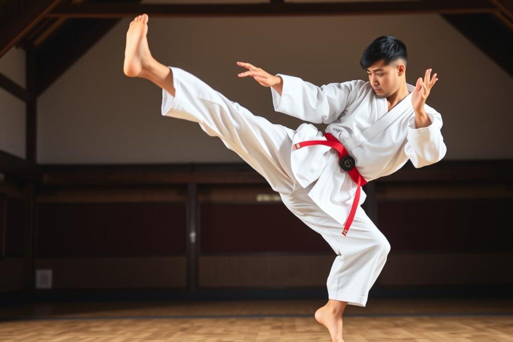 Zawodnik taekwondo wykonujący wysokie kopnięcie podczas treningu